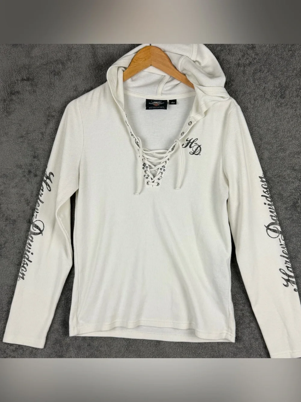 Harley Davidson White Cream Waffle Lace Up Skull Thermal Hoodie Women's Large - Picture 2 of 15